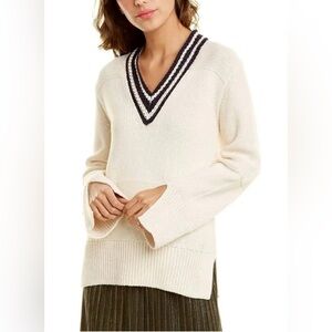 St. John Ivory V-Neck Sweater with Black Trim
